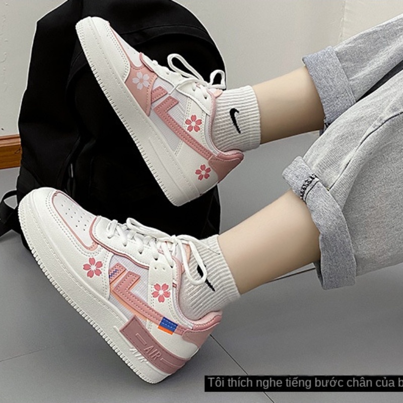 Giày Thể Thao Trắng Hồng Họa Tiết Hoa Nhỏ Phong Cách Hàn Quốc Cho Nữ