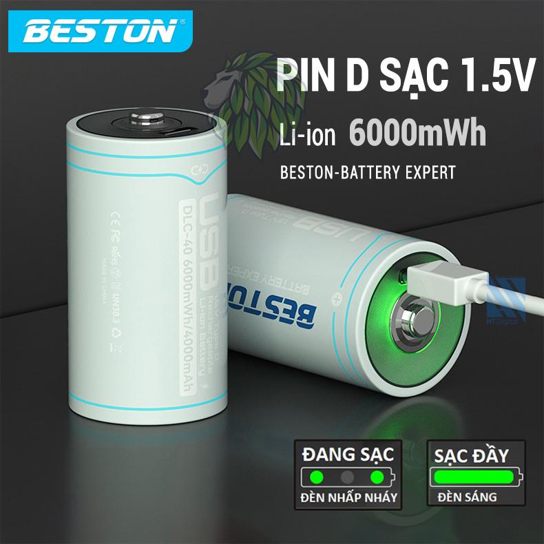 Pin đại D Beston chuẩn 1.5V 6000mWh sạc lại cổng sạc USB Type C dùng cho đèn pin, bếp ga, thiết bị công nghiệp