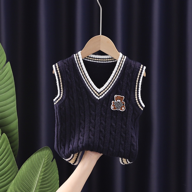 Áo Sweater Cotton Dệt Kim Cổ V Không Tay Thời Trang Mùa Thu Cho Bé