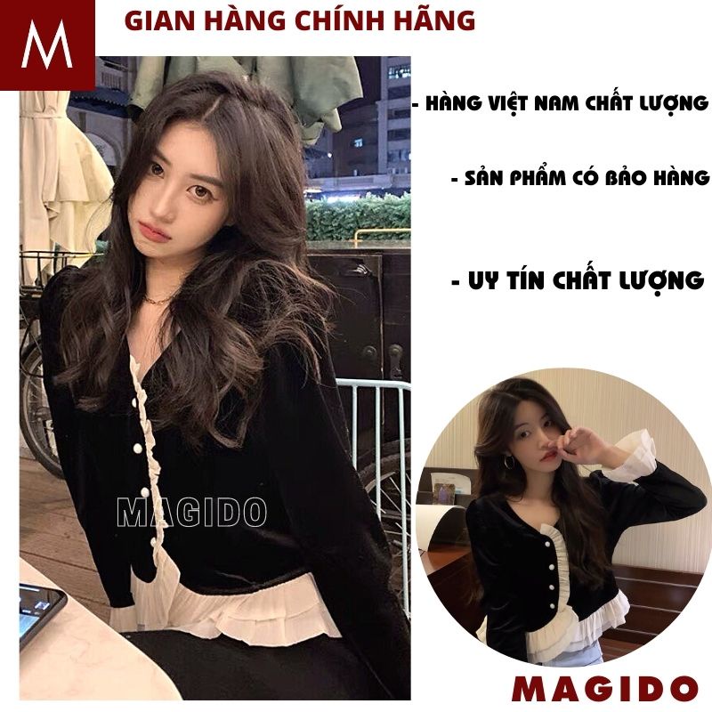 Áo khoác cardigan nhung dài tay viền bèo nữ tính Sang Chảnh, vai đệm phối tơ dập ly viền diêm dúa công chúa - MAGIDO