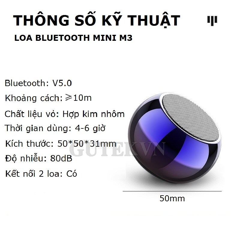 Loa bluetooth mini không dây nghe nhạc kết nối được 2 loa Gutek Y3 âm thanh hay vỏ kim loại nhiều màu