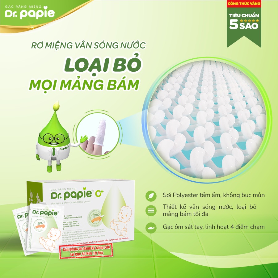 Gạc Rơ Lưỡi Dr.Papie Tiêu Chuẩn 5SAO, Làm Sạch Răng, Lưỡi, Nướu và Khoang Miệng Cho Bé - 30Gói/Hộp