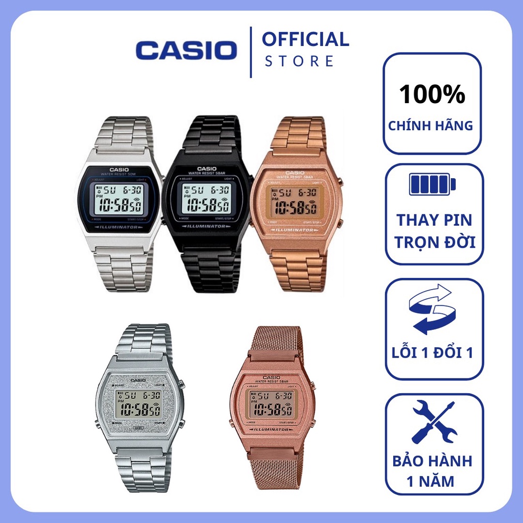Đồng hồ nam nữ Casio điện tử chính hãng mặt vuông , dây kim loại - đồng hồ B650 & B640
