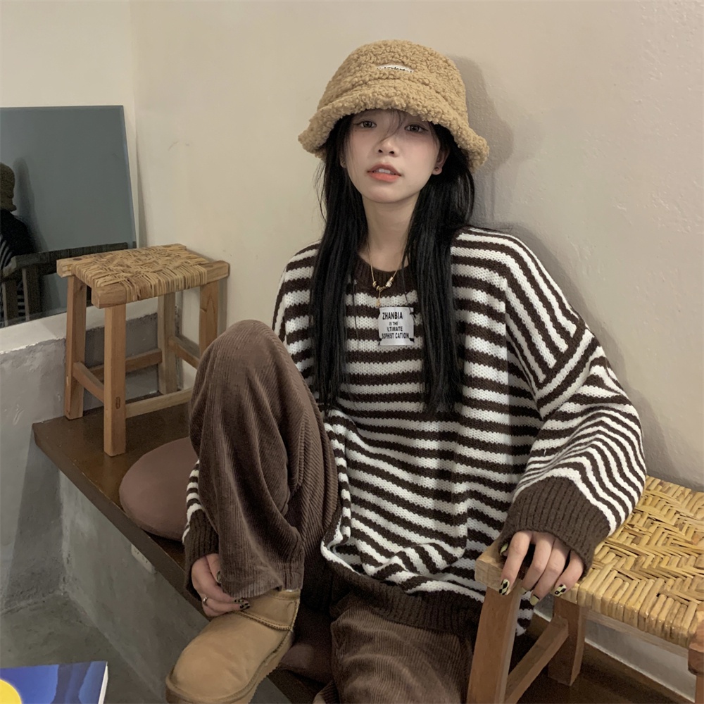 ZHELIHANGFEI Áo Len Tay Dài Form Rộng Họa Tiết Sọc Theo Phong Cách Phương Tây Dễ Phối Đồ