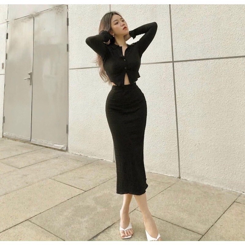 SET ĐẦM BODY ÁO CROP ĐEN CỔ VEST CHÂN VÁY