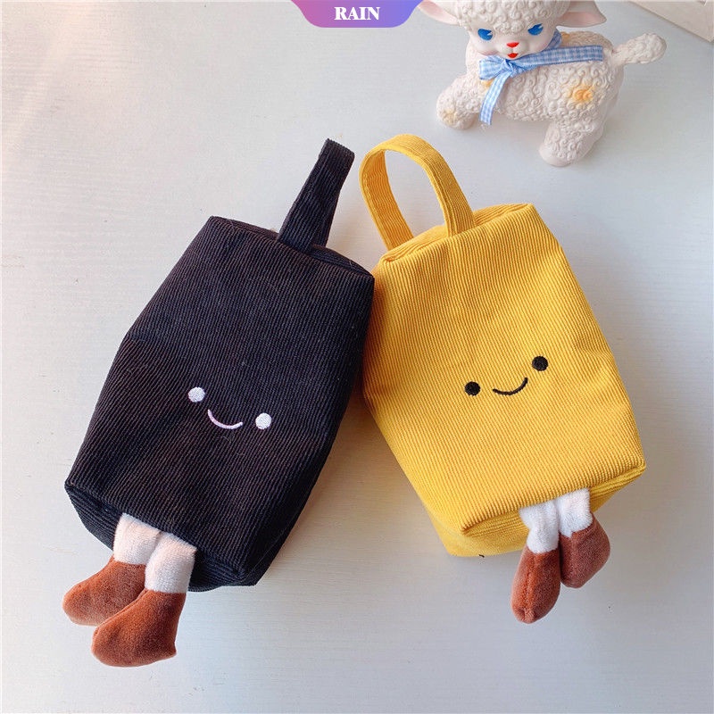 Túi Đựng Bút Chì Trang Điểm Cầm Tay Sức Chứa Lớn Lõi Nhung Kẻ Thêu Hình Mặt Cười Màu Vàng Đen Phối Khóa Kéo Dễ Thương Sáng Tạo Cho Học Sinh [RAIN]