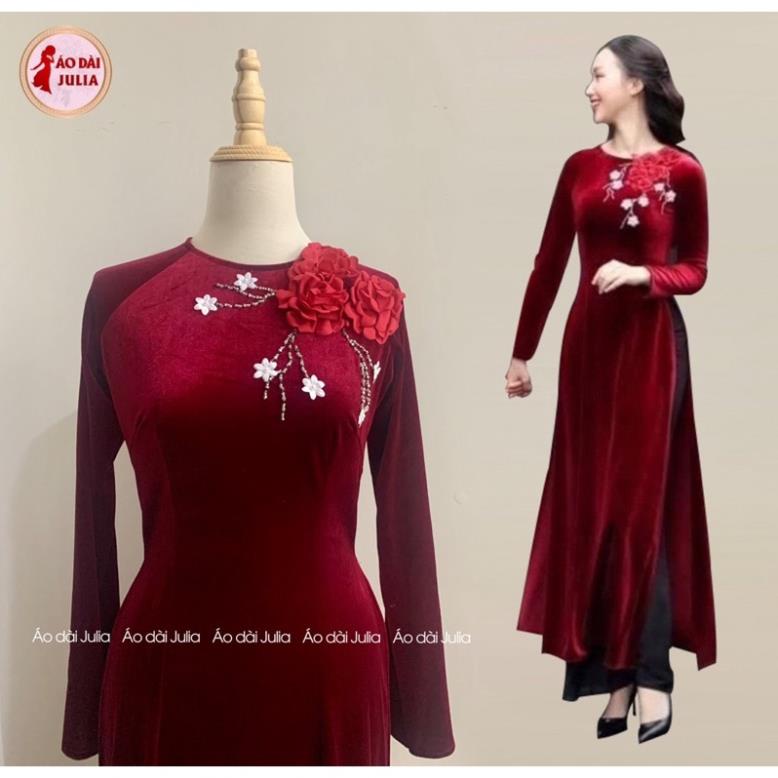 Áo dài nhung trung niên cổ tròn tặng bà tặng mẹ đính hoa