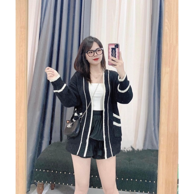 Áo khoác cardigan nữ, cardigan nữ chất len dày dặn viền màu có túi ảnh thật shop chụp