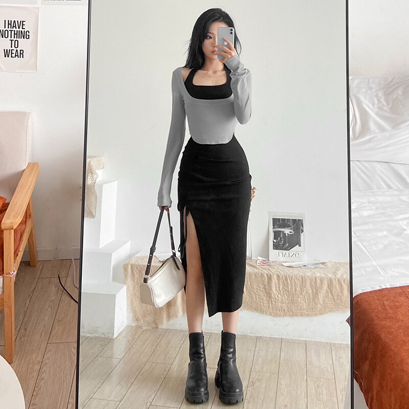 Weird Puss Đầm Midi Xẻ Tà Cao Cổ Ôm Dáng + Áo Dài Tay Thời Trang Nữ