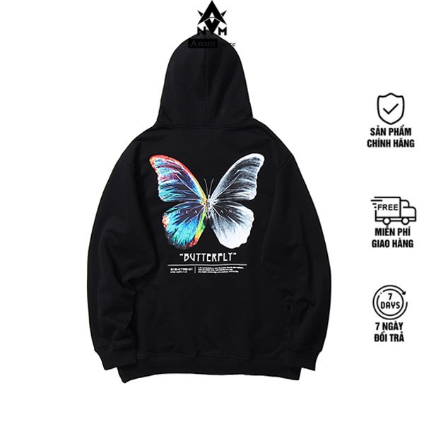 Áo Hoodie TRẮNG Đen Nam Nữ BƯỚM CUTE, Vải Nỉ Ngoại Dầy Dặn