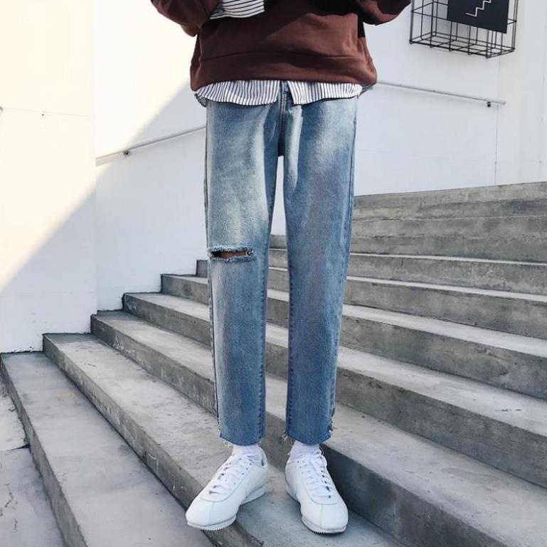 Quần jean baggy xanh nam, nữ ống rộng rách gấu, dáng suông, không phai màu-A04 ❗ "