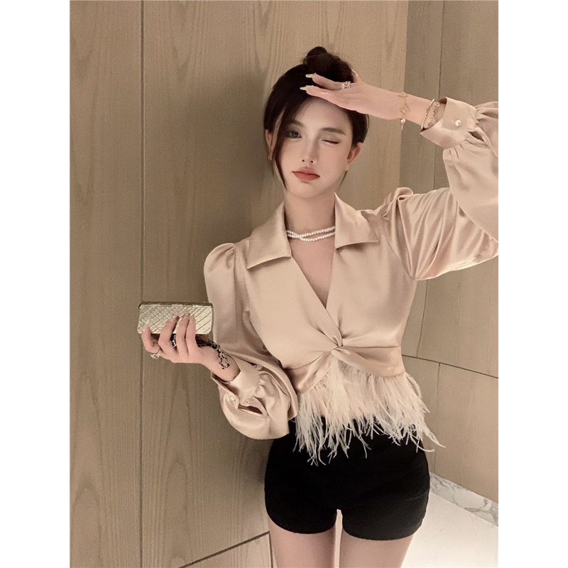Áo Sơ Mi Lửng Tay Dài Vạt Chéo Thời Trang Dành Cho Nữ