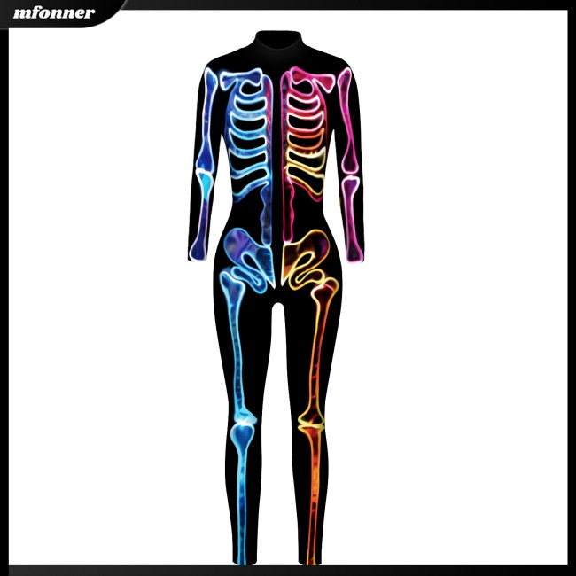 Bộ Áo Liền Quần Dài Tay In Hình Bộ Xương 3d Nhiều Màu Sắc Hóa Trang Halloween
