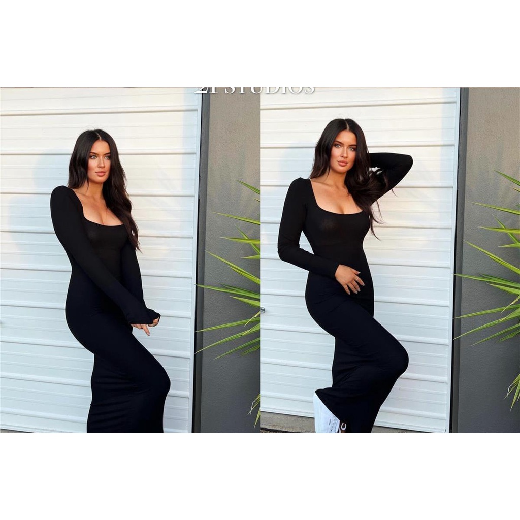 Skims Pingdi pure sexy hot girl slim-fit hip black long sleeve dress women's long skirt PJCY