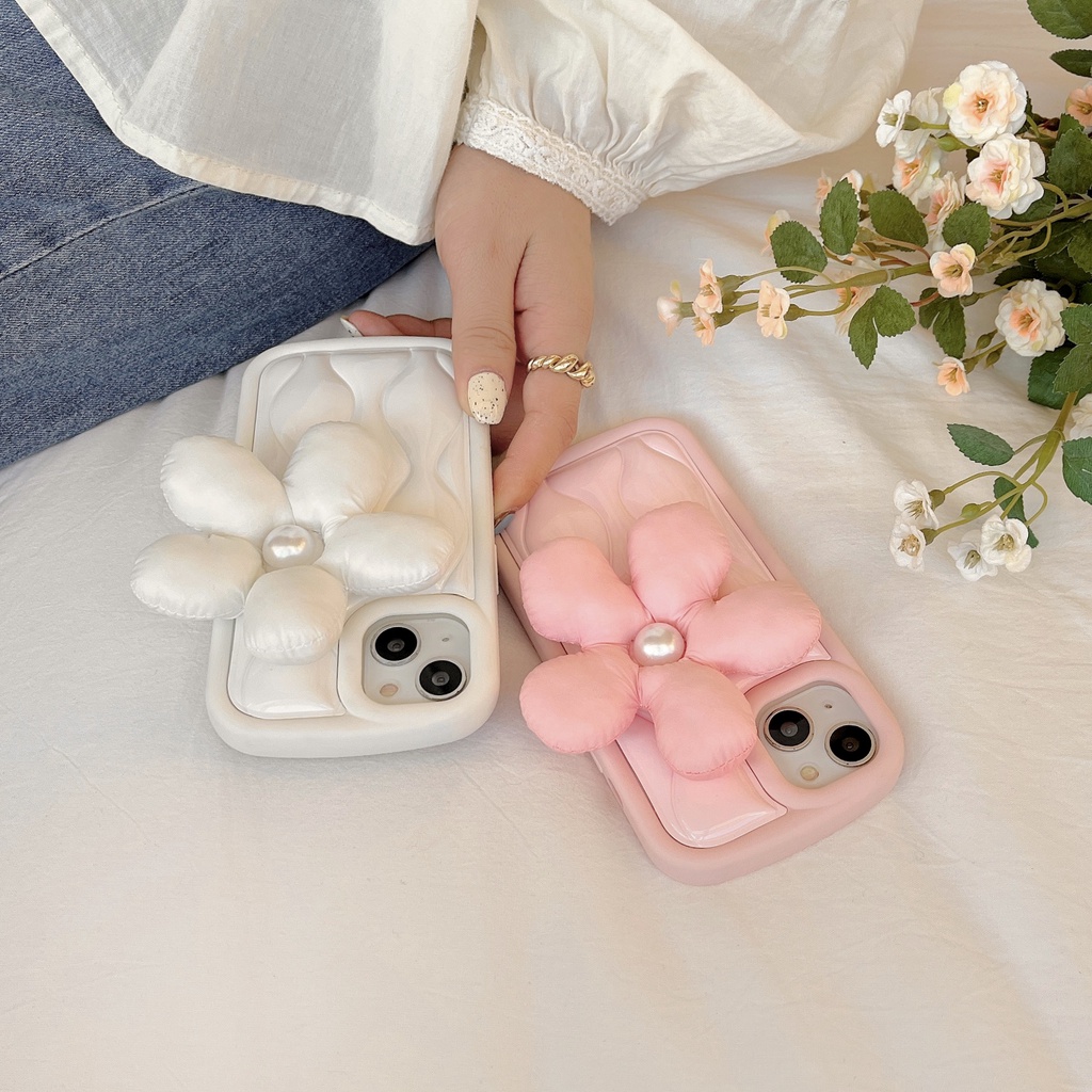 Ốp Điện Thoại TPU Dẻo Màu Trắng Hồng Họa Tiết Hoa 3D Dễ Thương Cho iPhone 14 13 12 11 Pro Max Plus