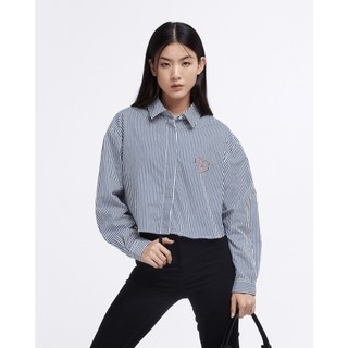 Thebluetshirt - áo sơ mi phom rộng crop top nữ sọc - oversized hearty cropped shirt - deep blue stripe