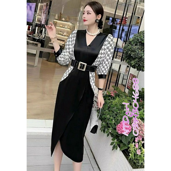 Hàng nhập - Đầm dáng ôm suông nhẹ tay cánh dơi, váy dự tiệc tà xếp cổ V in chữ