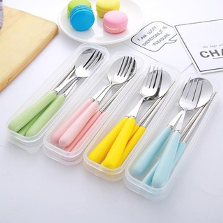 Bộ Đũa Thìa Dĩa Inox 304 Cán Sứ Cao Cấp Có Hộp Đựng Trong Suốt Siêu Dễ Thương bộ đũa thìa dĩa dùng cơm văn phòng,du lịch