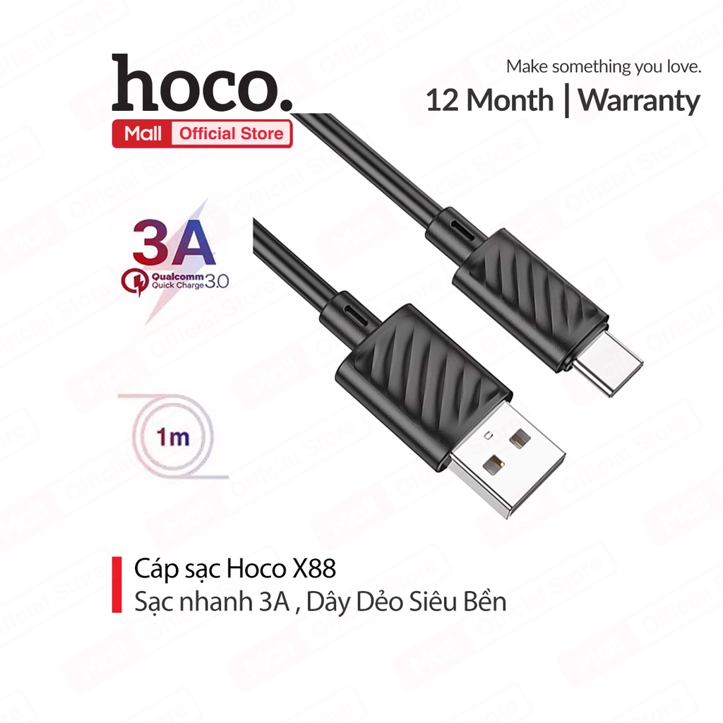 [Mã ELBAU5 giảm 5% đơn 300K] Cáp sạc nhanh Hoco X88 dây dẻo chống rối đồng bộ dữ liệu cao cho Smartphone dài 1M