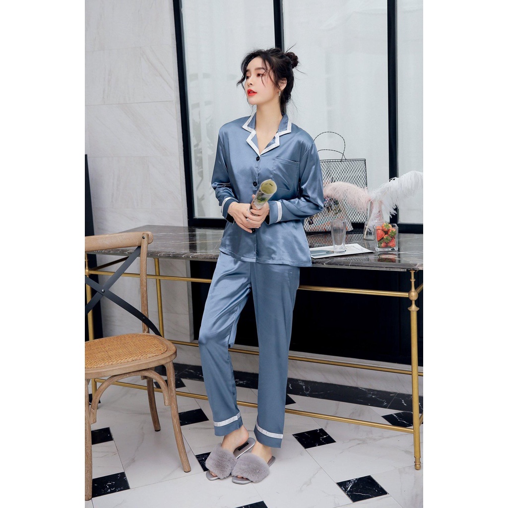 MS921 Bộ ngủ nữ mặc nhà, bộ pyjama lụa satin nữ cổ viền sang trọng