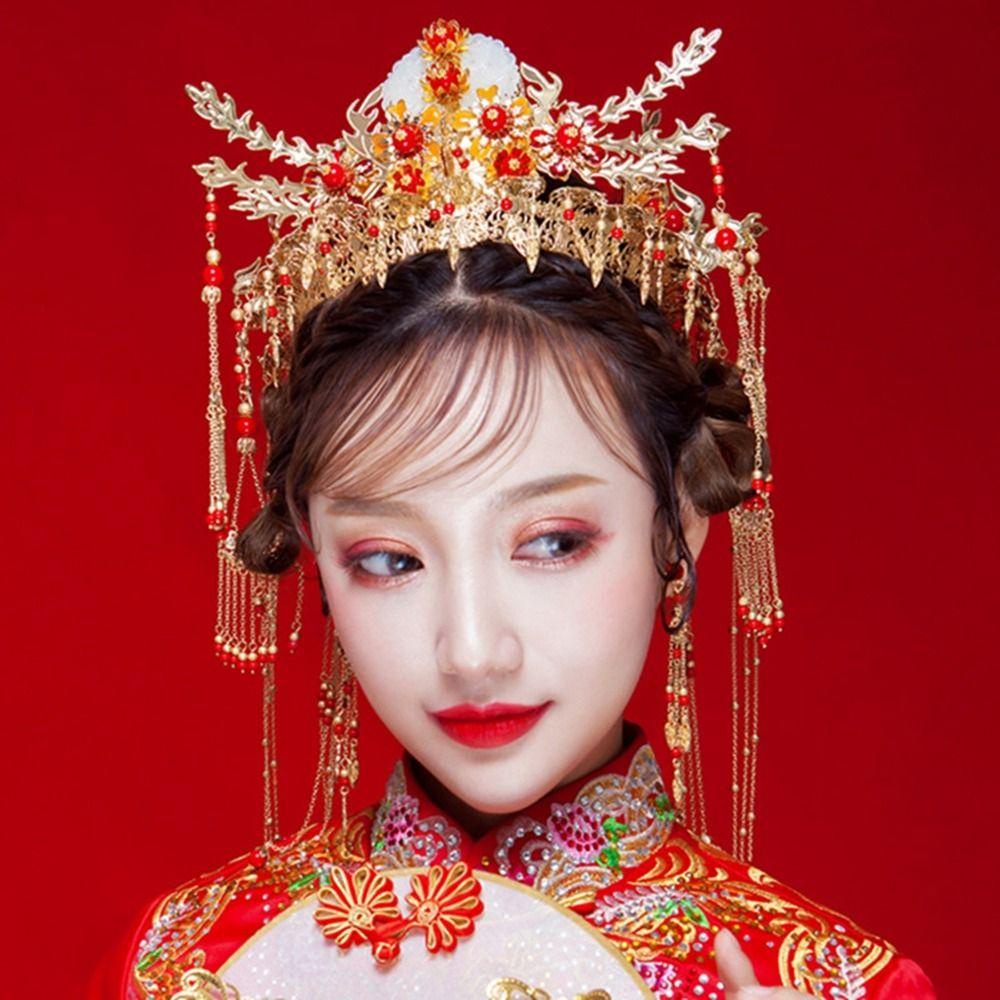 Vương Miện Đội Đầu Cô Dâu VANES1 Màu Đỏ Phong Cách Retro|Trâm Cài Tóc Hình Vương Miện Phượng Hoàng Phối Tua Rua Phong Cách Trung Hoa