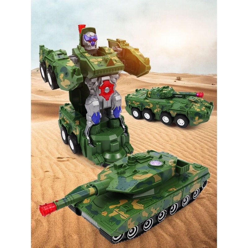 Đồ Chơi Trẻ Em Xe Tăng Biến Hình Robot Tự Động Có Đèn Và Nhạc