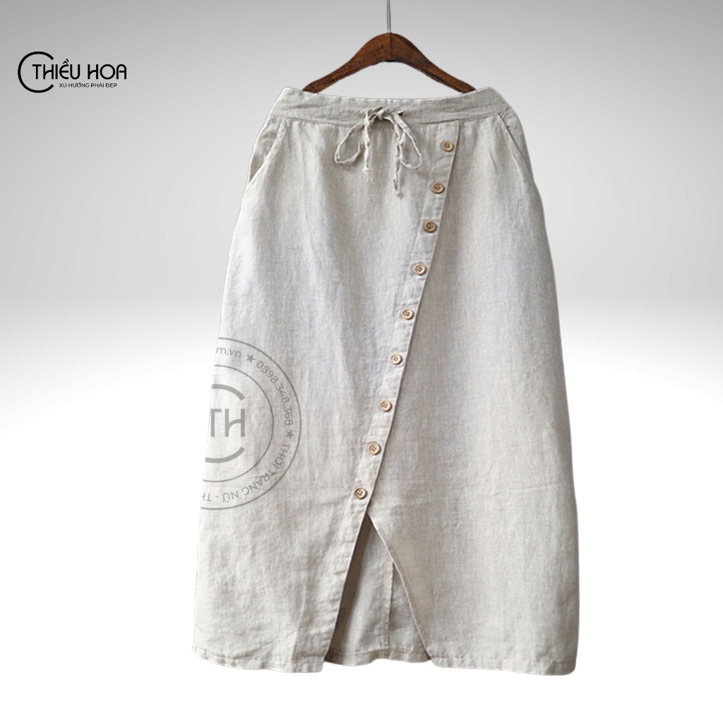 Chân váy cho mẹ trung niên thiết vạt chéo sang trọng, chất liệu cotton dày dặn, che khuyết điểm Thiều Hoa VD2A0442