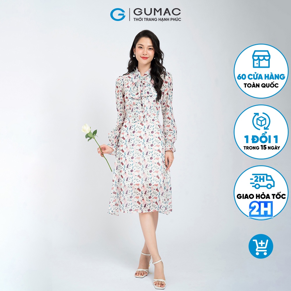 Đầm nữ thời trang GUMAC màu trắng kiểu tay dài phối cổ cột nơ LD0822
