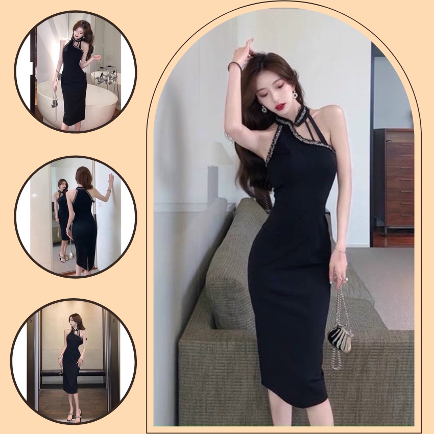 Đầm ôm body sườn xám đính dây cườm đá sang trọng, thanh lịch thời trang