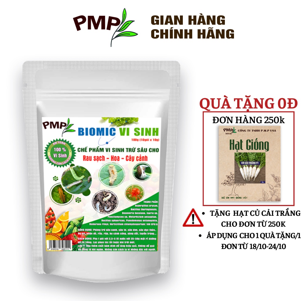 Chế phẩm vi sinh Biomic PMP trừ sâu xanh, sâu tơ, trĩ, nhện đỏ, rệp, sùng đất, tuyến trùng 100g