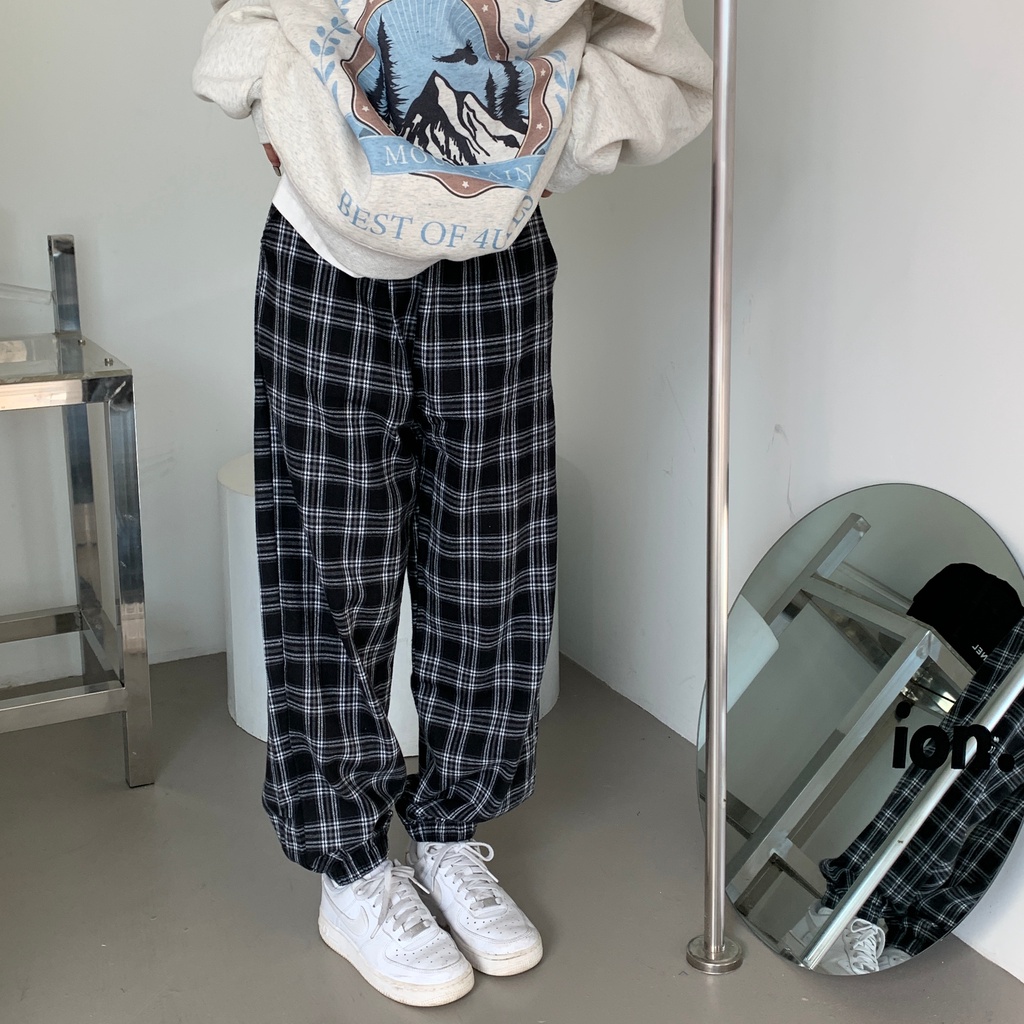 SUXI Quần Dài Lưng Cao Dáng Rộng Họa Tiết Sọc Caro Thời Trang Thu Đông Cho Nữ