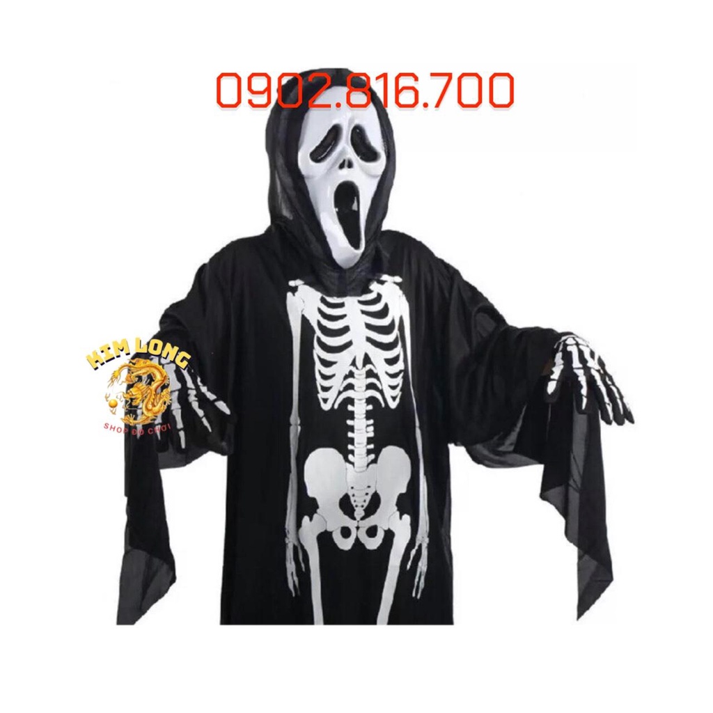 Sét 3 món Áo Choàng có nón và găng tay và mặt nạ hình Bộ Xương cho trẻ em và người lớn trang phục hóa trang HALLOWEEN