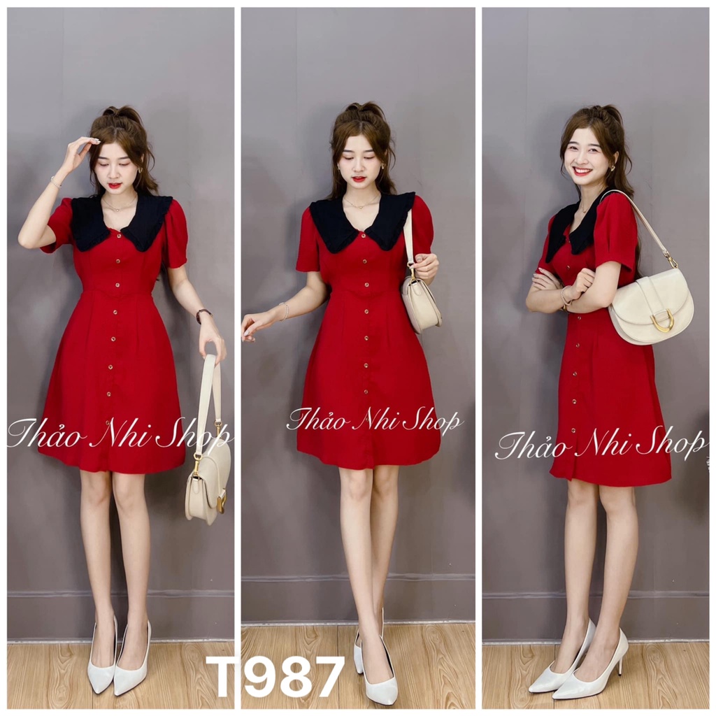 Đầm xoè nữ dáng dài cổ bèo phối nơ eo cài nút thật xốp nhật T987