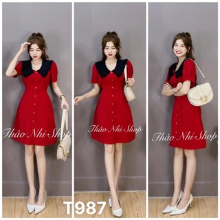 Đầm xoè nữ dáng dài cổ bèo phối nơ eo cài nút thật xốp nhật T987