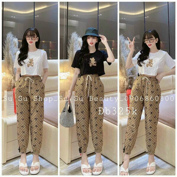 [11.11 Sale Freeship] Set đồ ngắn nữ,set thun mù hè áo cổ tròn tay ngắn in hình chuột mix quần dài ống túm in hoạ tiết