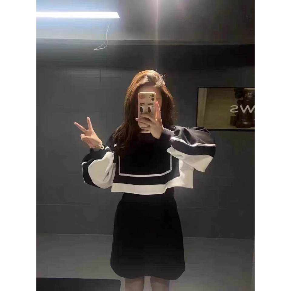 SET ĐỒ ĐÔI TÌNH NHÂN, COUPLE VÁY ĐẦM NỮ VÀ ÁO NỈ NAM DÀI TAY PHỐI MÀU ĐEN TRẮNG CÁ TÍNH MẪU MỚI 2022