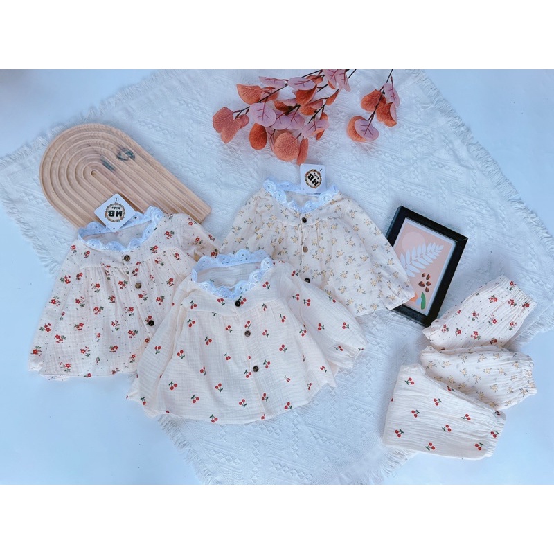 bộ xô muslin cổ ren cho bé (hàng shop )