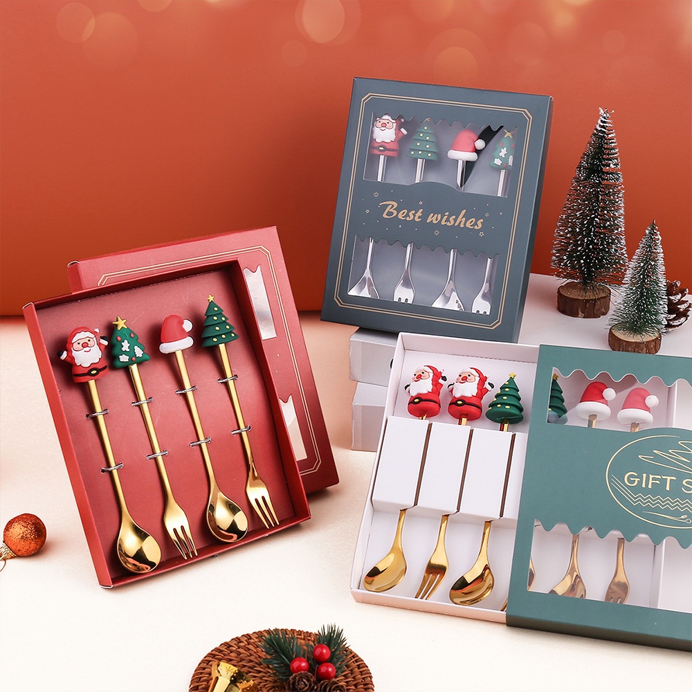 Bộ 4 Muỗng Cà Phê Bằng Thép Không Gỉ Hình Cây Thông Giáng Sinh