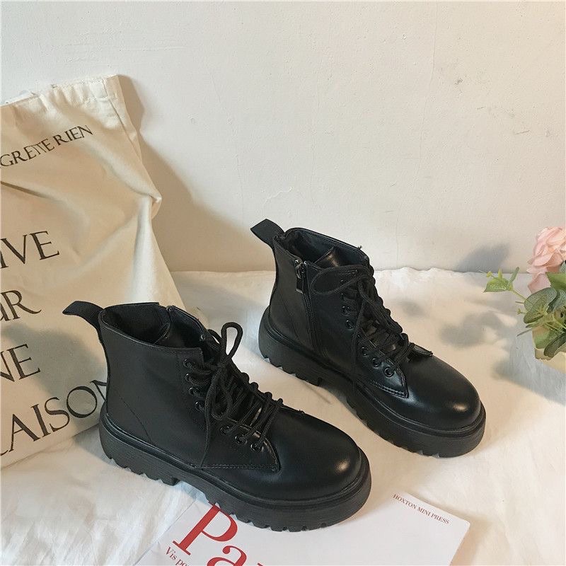 Giày Boot Nữ Ulzzang Mũi Tròn Đế Bằng Chất Da Mềm, Êm Chân