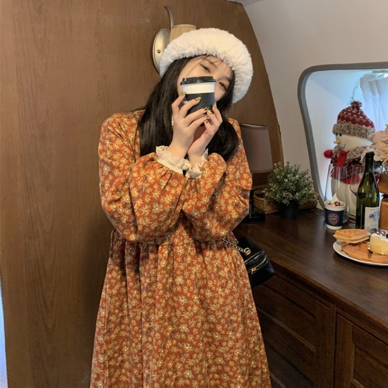 Váy babydoll Đầm Nhung Dáng Dài Họa Tiết Hoa Thời Trang Thu Đông 2022 Mới Cho Nữ