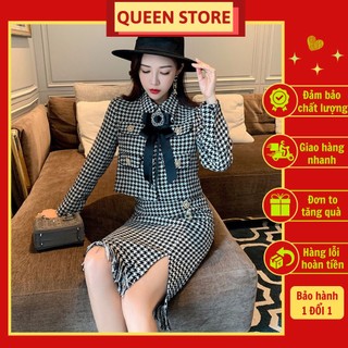 Đồ bộ áo vest len đính nơ kèm chân váy dáng dài xẻ hàng Quảng Châu cao cấp