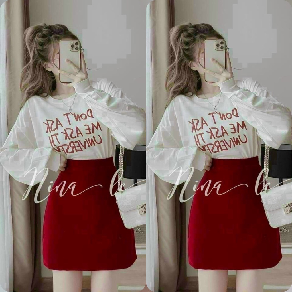 Sét bộ đồ nữ áo cổ tròn tay dài họa tiết in chữ kèm chân váy ( có lót ) tôn dáng siêu xinh phù hơp đi chơi dạo phố