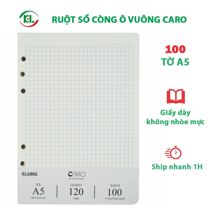 Quyển Sổ còng Klong giấy caro A5 MS 994 gồm File còng sắt + 100 tờ 200 trang, Ruột refill thay thế- BÚT ĐẸP