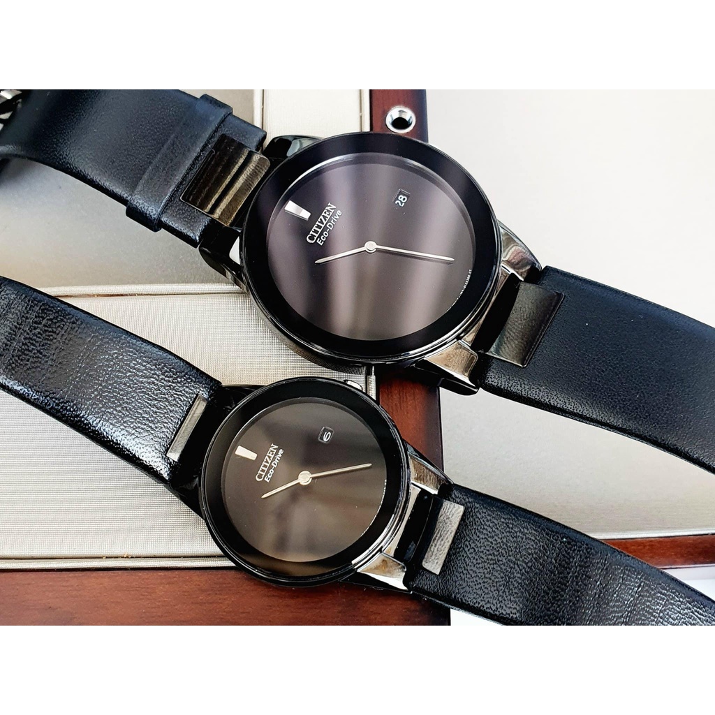 Đồng hồ đôi nam nữ dây da Citizen Eco Drive AU1065 07E và GA1055 06E