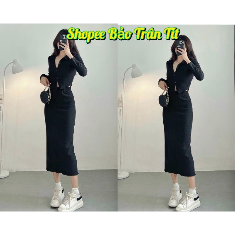 Set croptop đen cổ vest chân váy midi