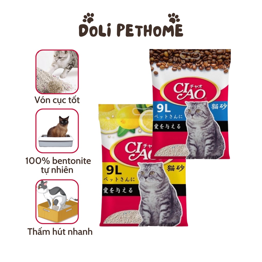 Cát vệ sinh cho mèo CIAO 9L ~ 4kg siêu khửi mùi, vón cục tốt, ít bụi, xuất xứ Nhật bản [Doli Pethome]