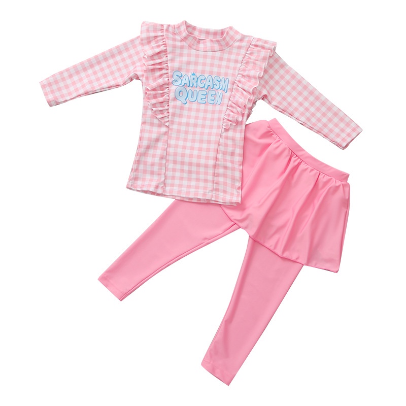 Bộ Đồ Bơi 2 Mảnh Áo Tay Dài + Quần Dài Họa Tiết Sọc Caro Cho Bé Gái