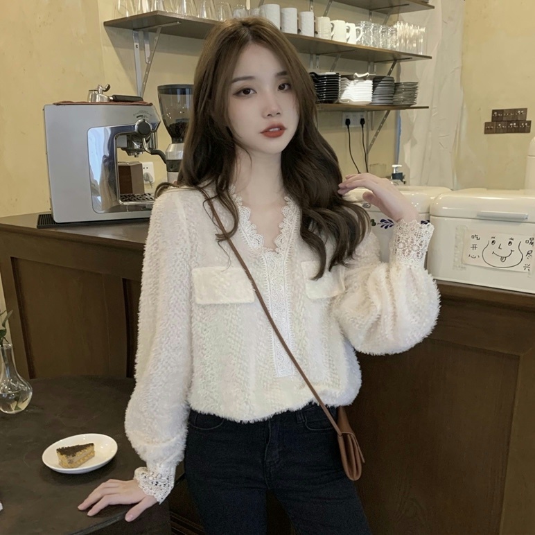 Áo ren SUXI tay dài cổ chữ V màu trơn phong cách vintage thời trang Hàn Quốc