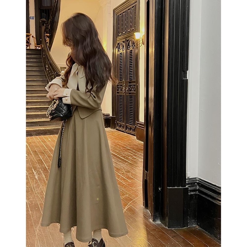 Set Áo Khoác Cao Cấp Mix Chân Váy Dài Đính Nơ Phong Cách Phương Tây Thanh Lịch Thời Trang Thu Đông 2022