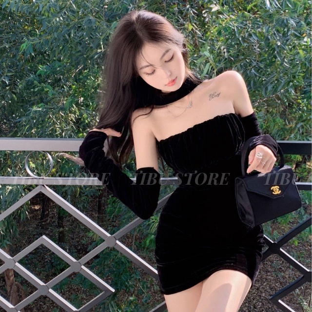 Đầm body hở vai tay dài TIBU, Set Váy Nữ Chất Nhung Cao Cấp Tôn Dáng Gợi Cảm Phối Cổ Sexy | BigBuy360 - bigbuy360.vn